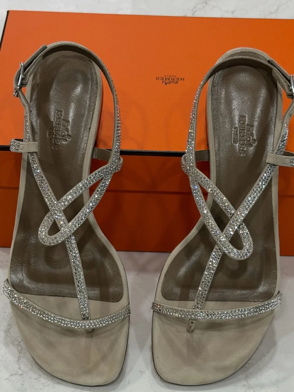 Hermes Crystal-Embellished Beige T-Strap Sandal - Picture 4 of 12